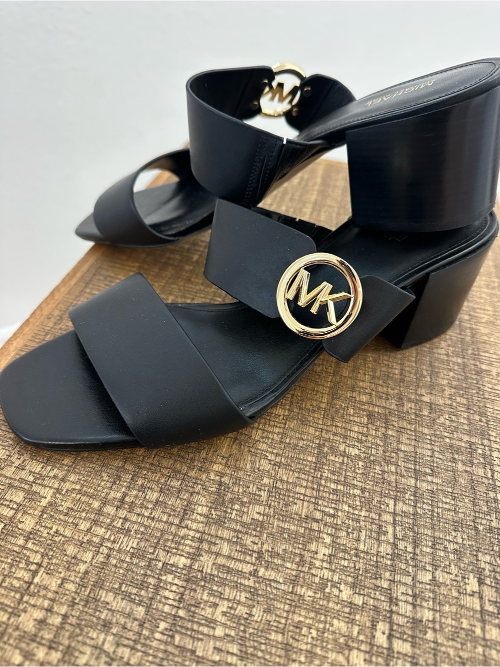 Michael Kors Black Sandal with Gold MK Medallion Block Heel